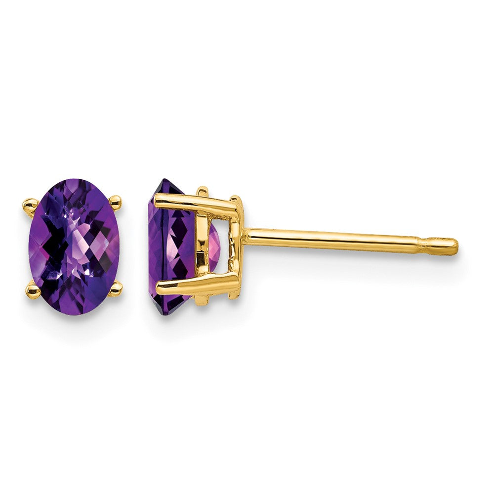 14k 6x Oval Checker-cut Amethyst Post Earrings