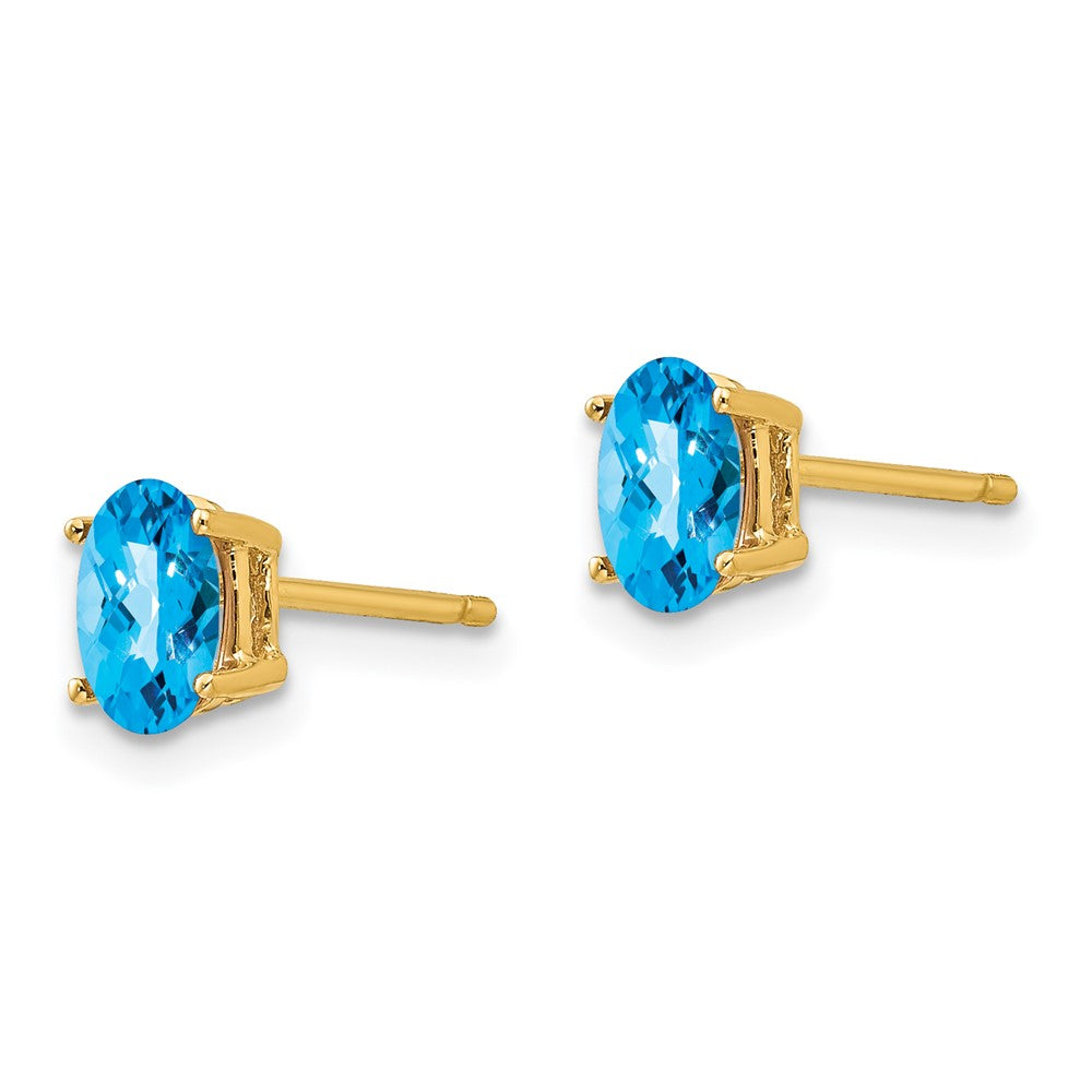 14k 6x Oval Blue Topaz Checker Earrings