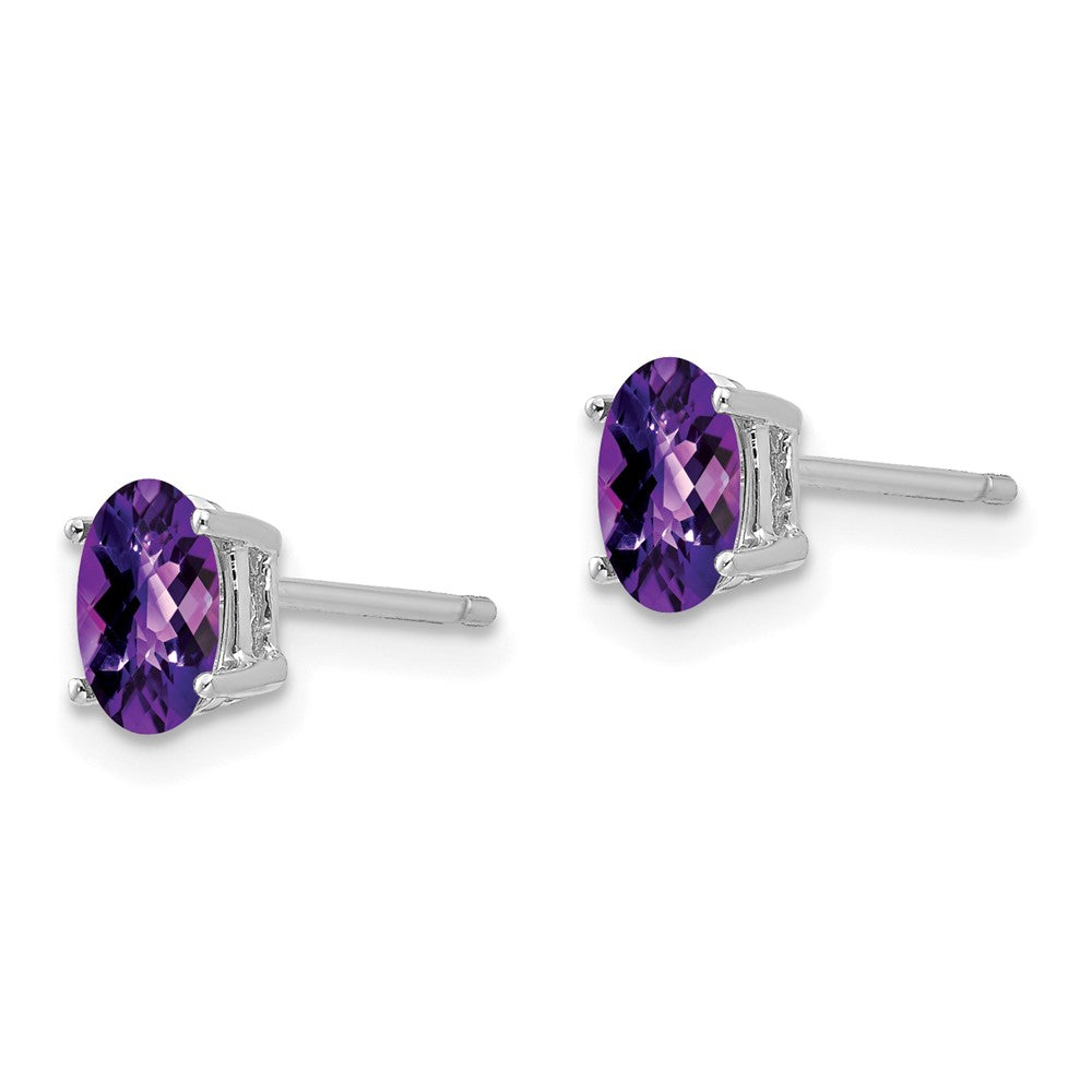 14k White Gold 6x Oval Amethyst Checker Earrings