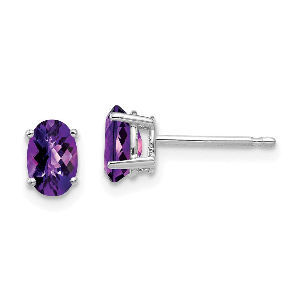 14k White Gold 6x Oval Amethyst Checker Earrings