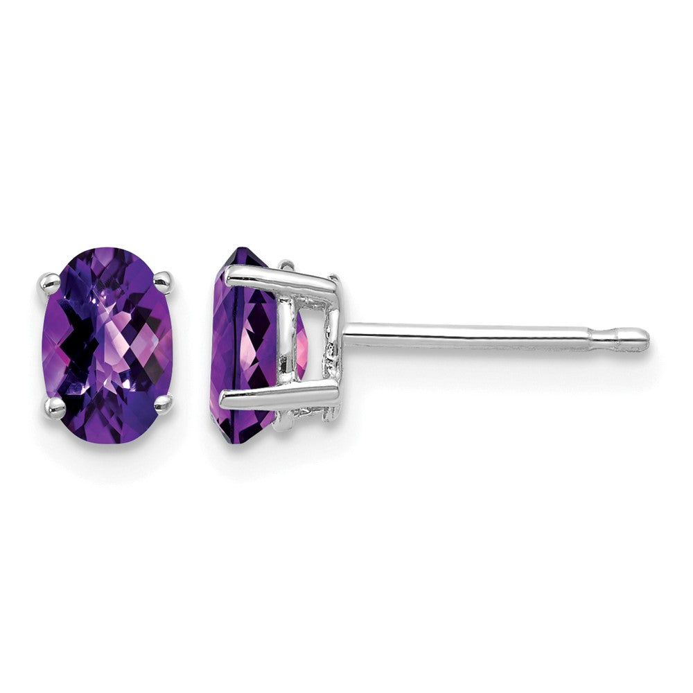 14k White Gold 6x Oval Checker-cut Amethyst Post Earrings