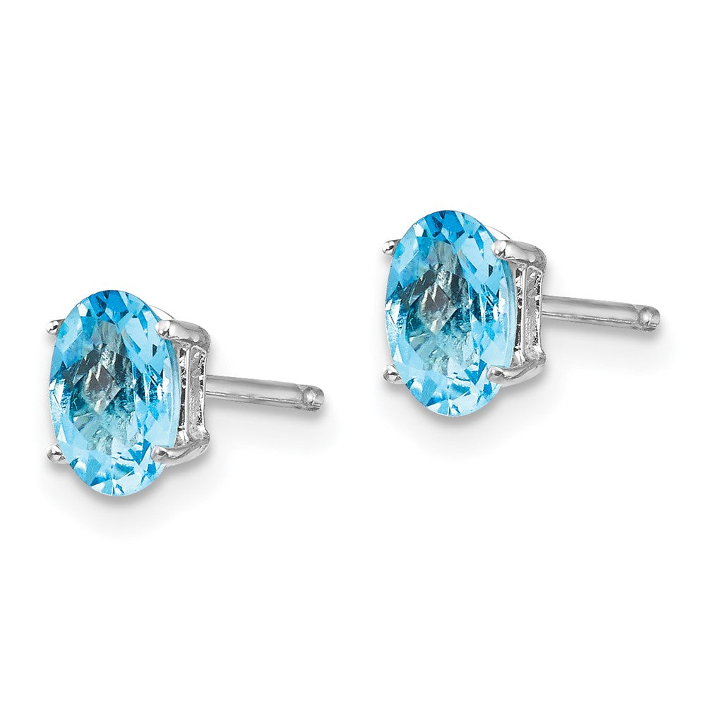 14k White Gold 6x Oval Checker-cut Blue Topaz Post Earrings