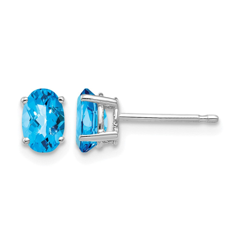14k White Gold 6x Oval Checker-cut Blue Topaz Post Earrings