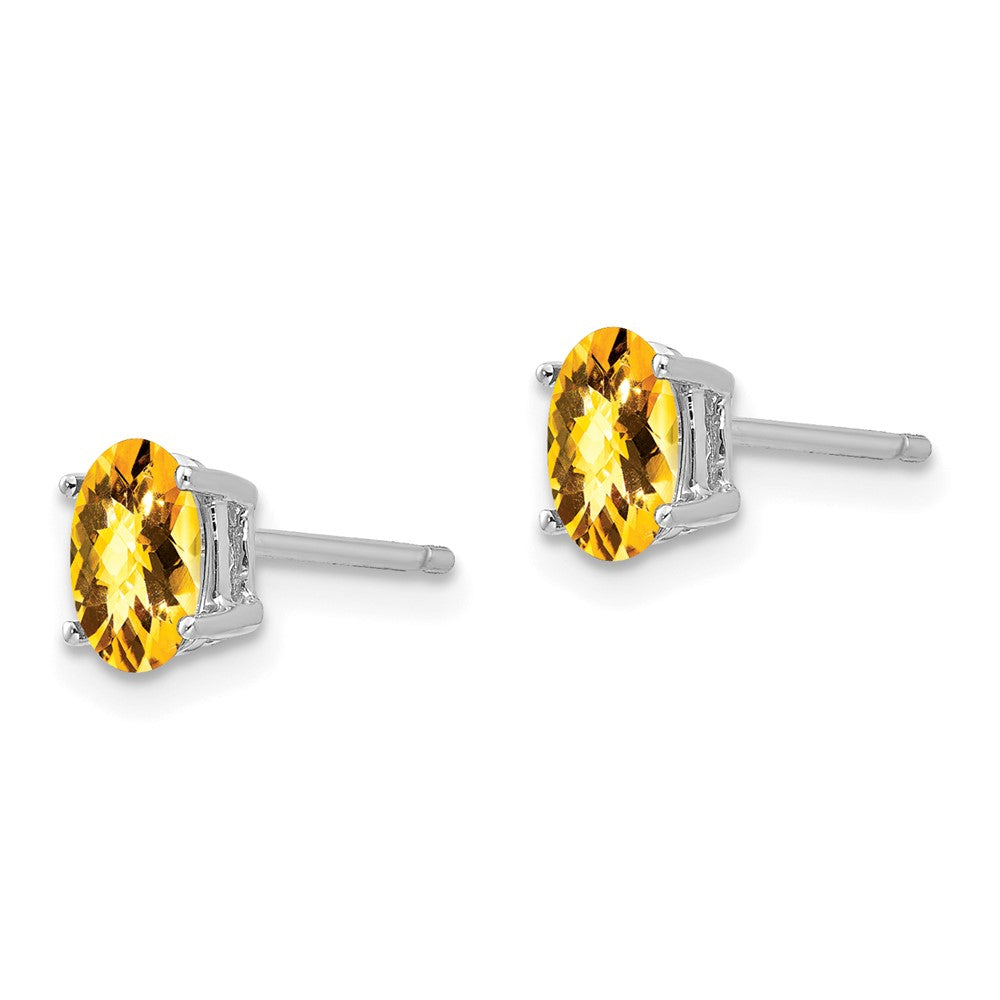 14k White Gold 6x Oval Checker-cut Citrine Post Earrings