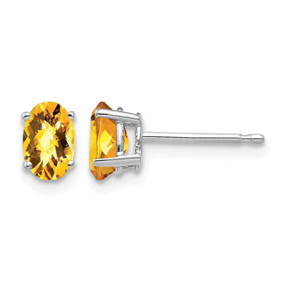14k White Gold 6x Oval Checker-cut Citrine Post Earrings