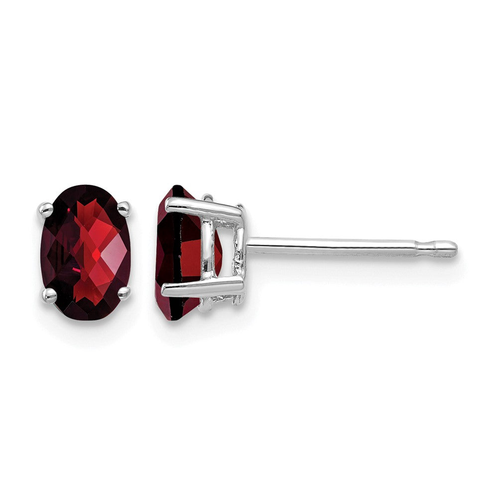 14k White Gold 6x Oval Checker-cut Garnet Post Earrings