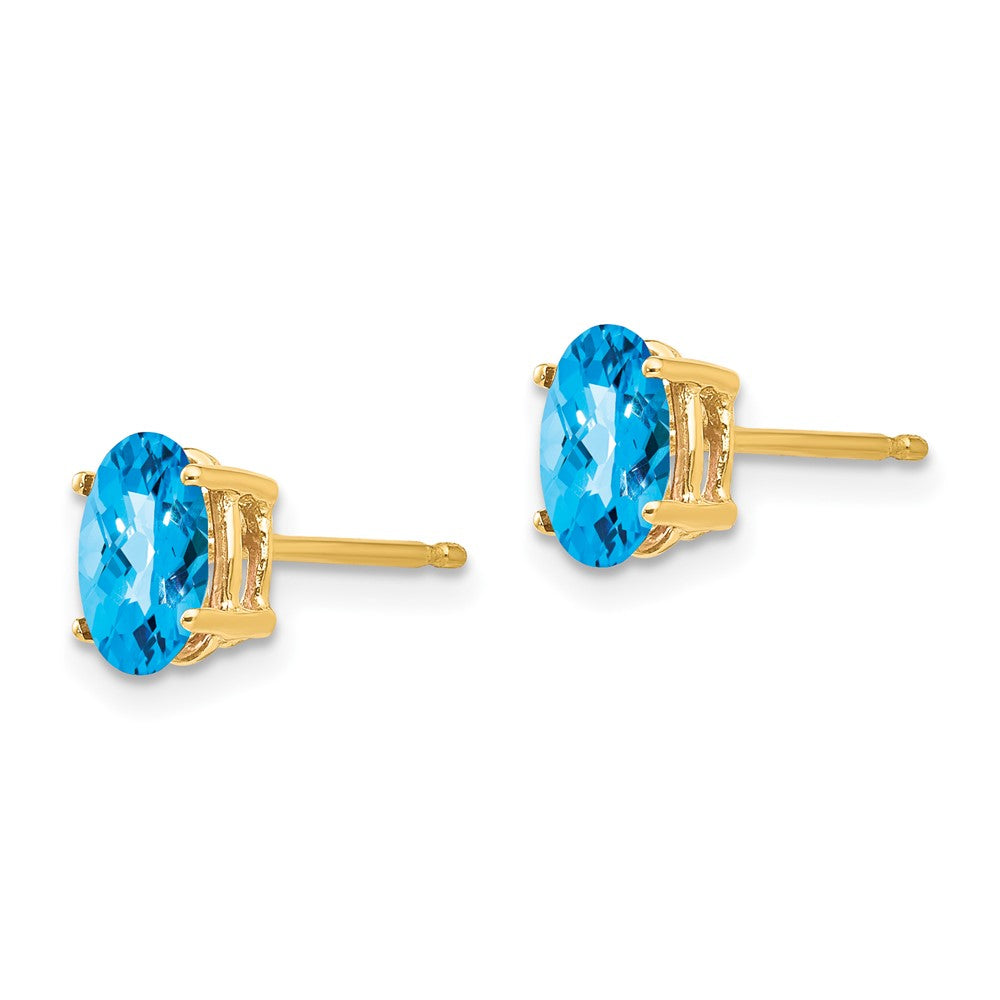 14k 7x Oval Checker-cut Blue Topaz Post Earrings