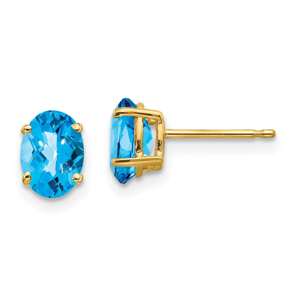 14k 7x Oval Blue Topaz Checker Earrings