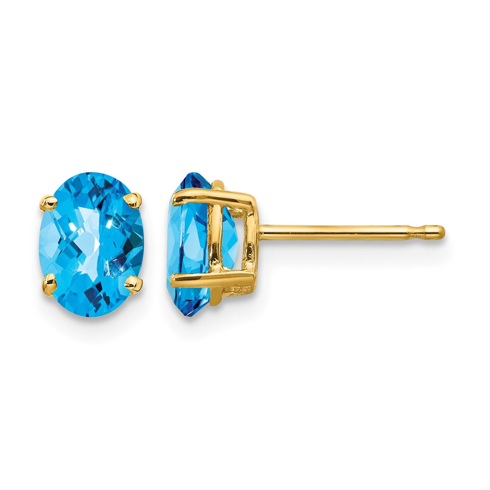 14k 7x Oval Checker-cut Blue Topaz Post Earrings