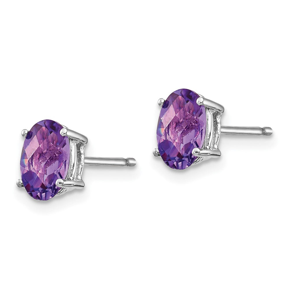 14k White Gold 7x Oval Amethyst Checker Earrings