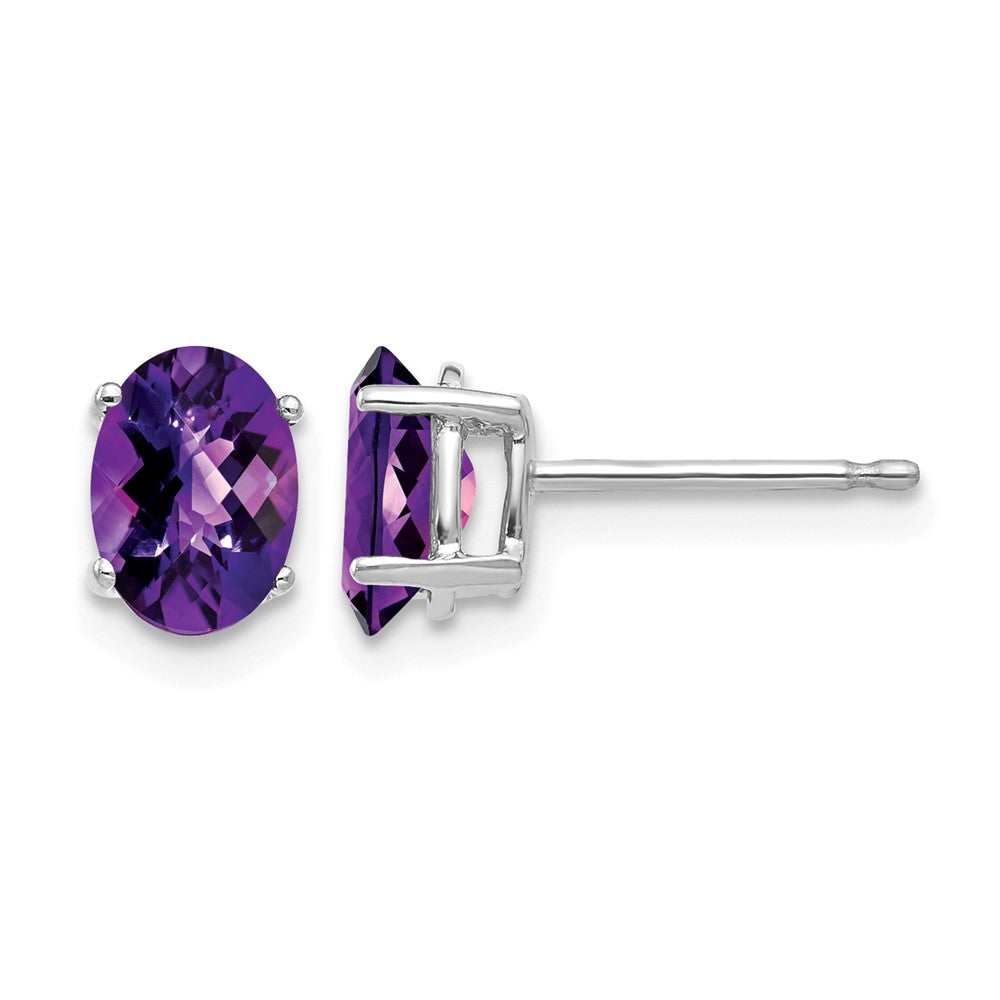 14k White Gold 7x Oval Checker-cut Amethyst Post Earrings