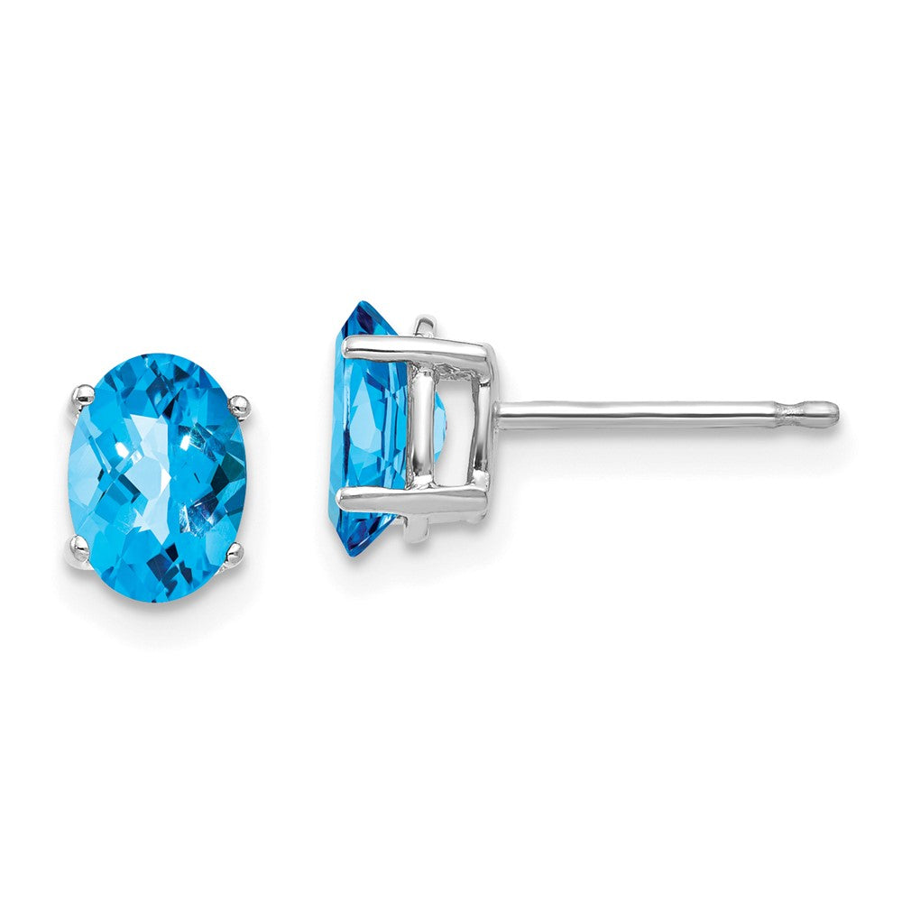 14k White Gold 7x Oval Blue Topaz Checker Earrings