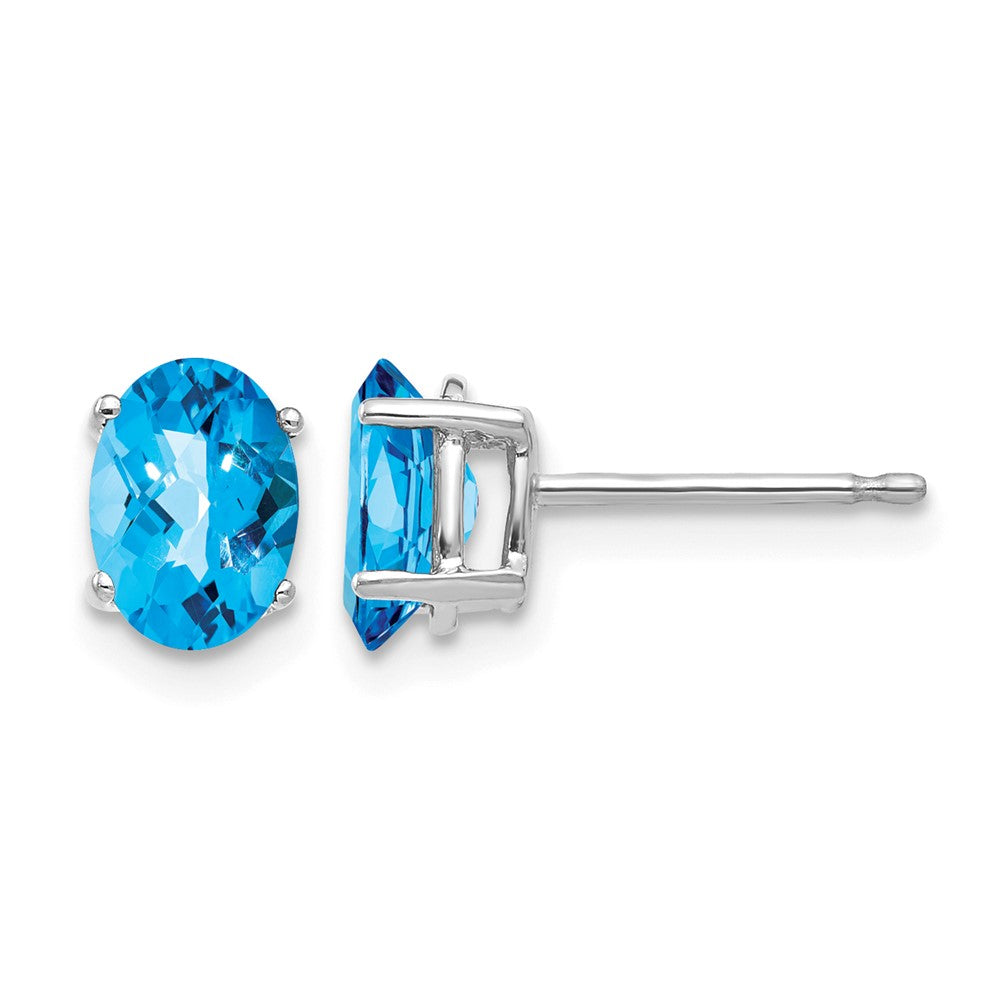 14k White Gold 7x Oval Checker-cut Blue Topaz Post Earrings