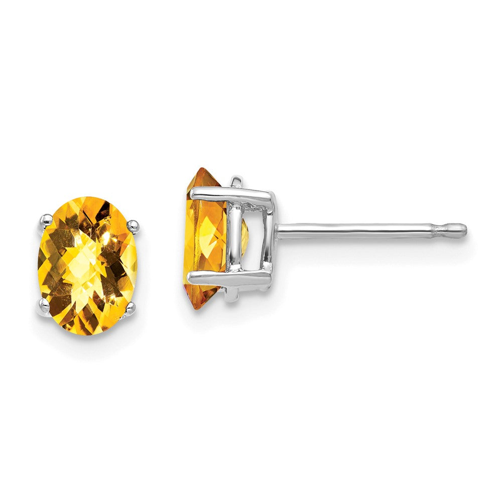 14k White Gold 7x Oval Citrine Checker Earrings