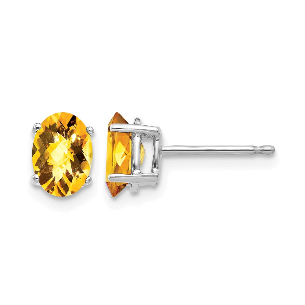 14k White Gold 7x Oval Checker-cut Citrine Post Earrings