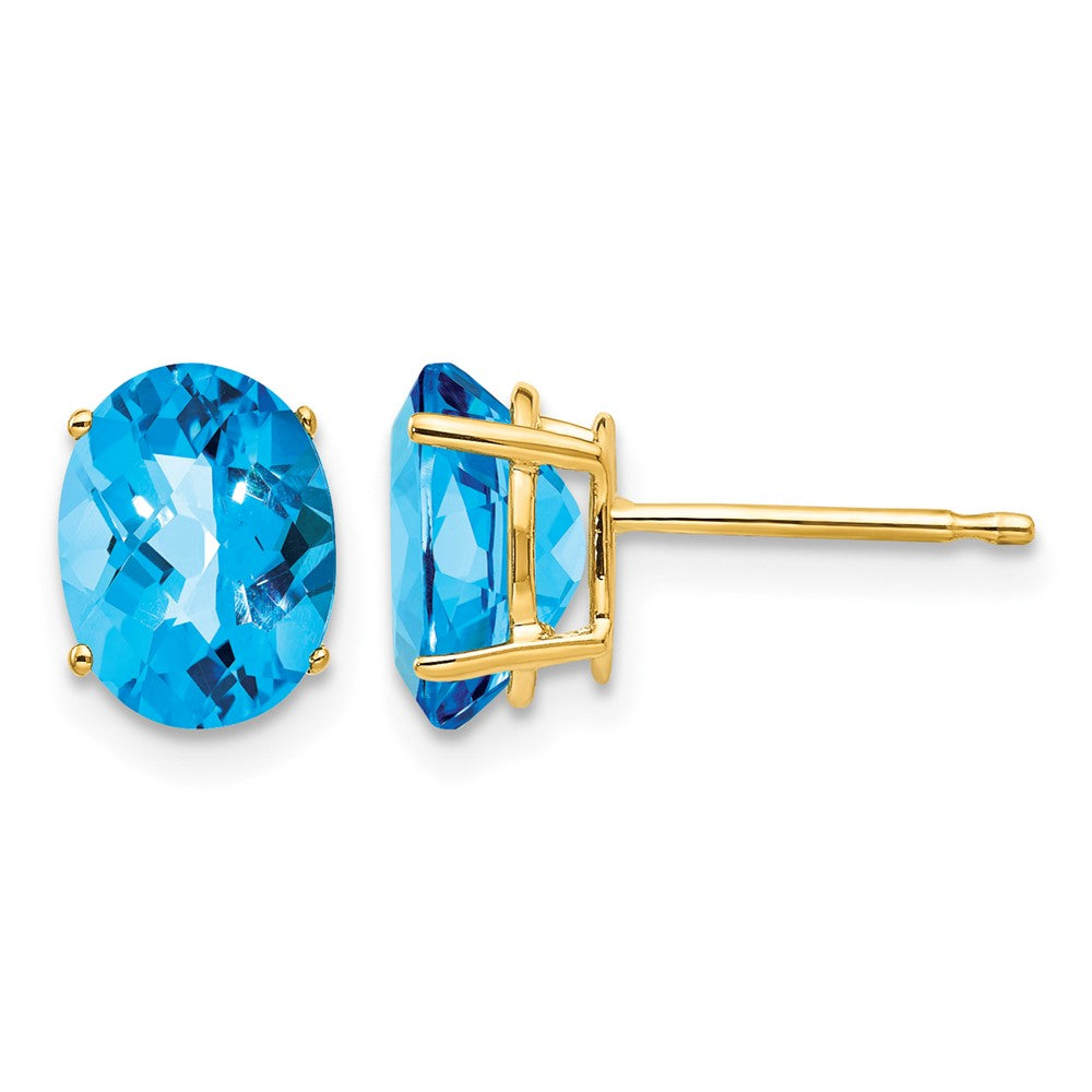 14k 8x Oval Checker-cut Blue Topaz Post Earrings