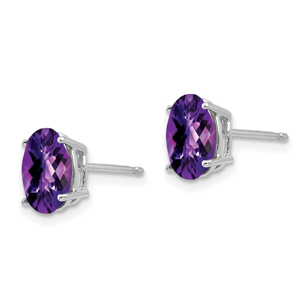 14k White Gold 8x Oval Amethyst Checker Earrings