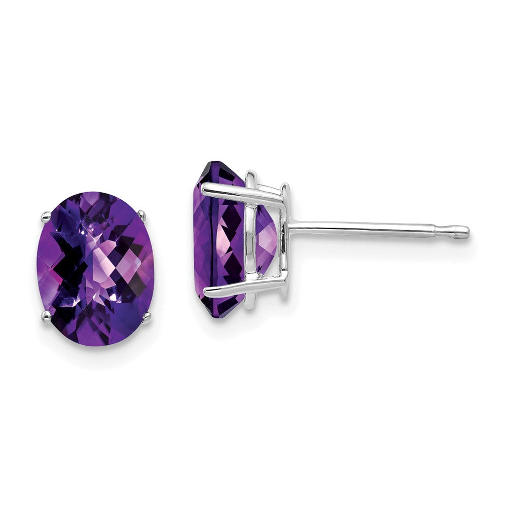 14k White Gold 8x Oval Amethyst Checker Earrings