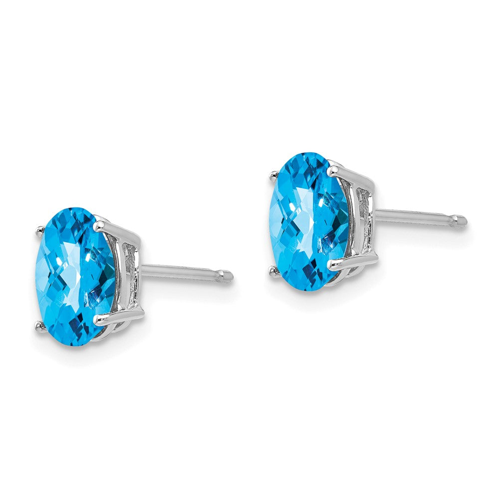 14k White Gold 8x Oval Checker-cut Blue Topaz Post Earrings