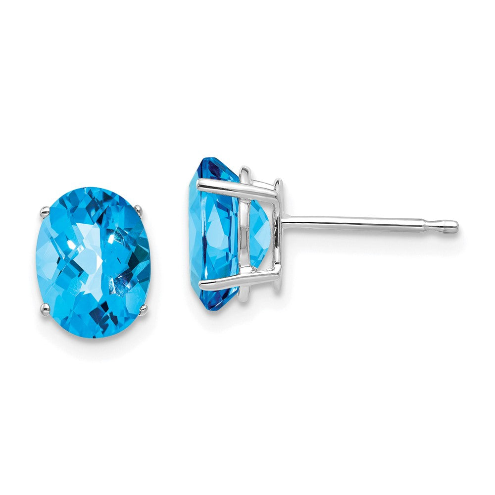 14k White Gold 8x Oval Blue Topaz Checker Earrings