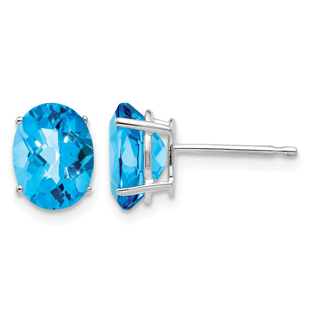 14k White Gold 8x Oval Checker-cut Blue Topaz Post Earrings
