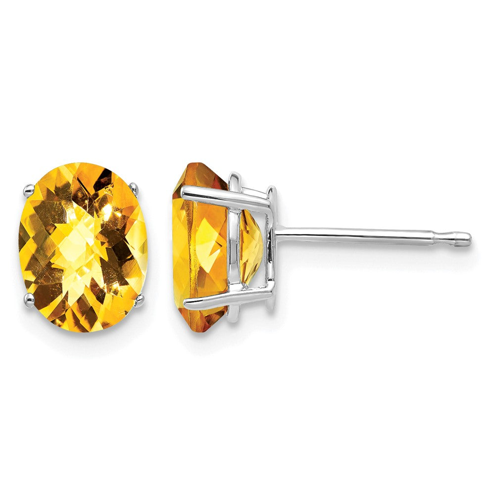 14k White Gold 8x Oval Checker-cut Citrine Post Earrings
