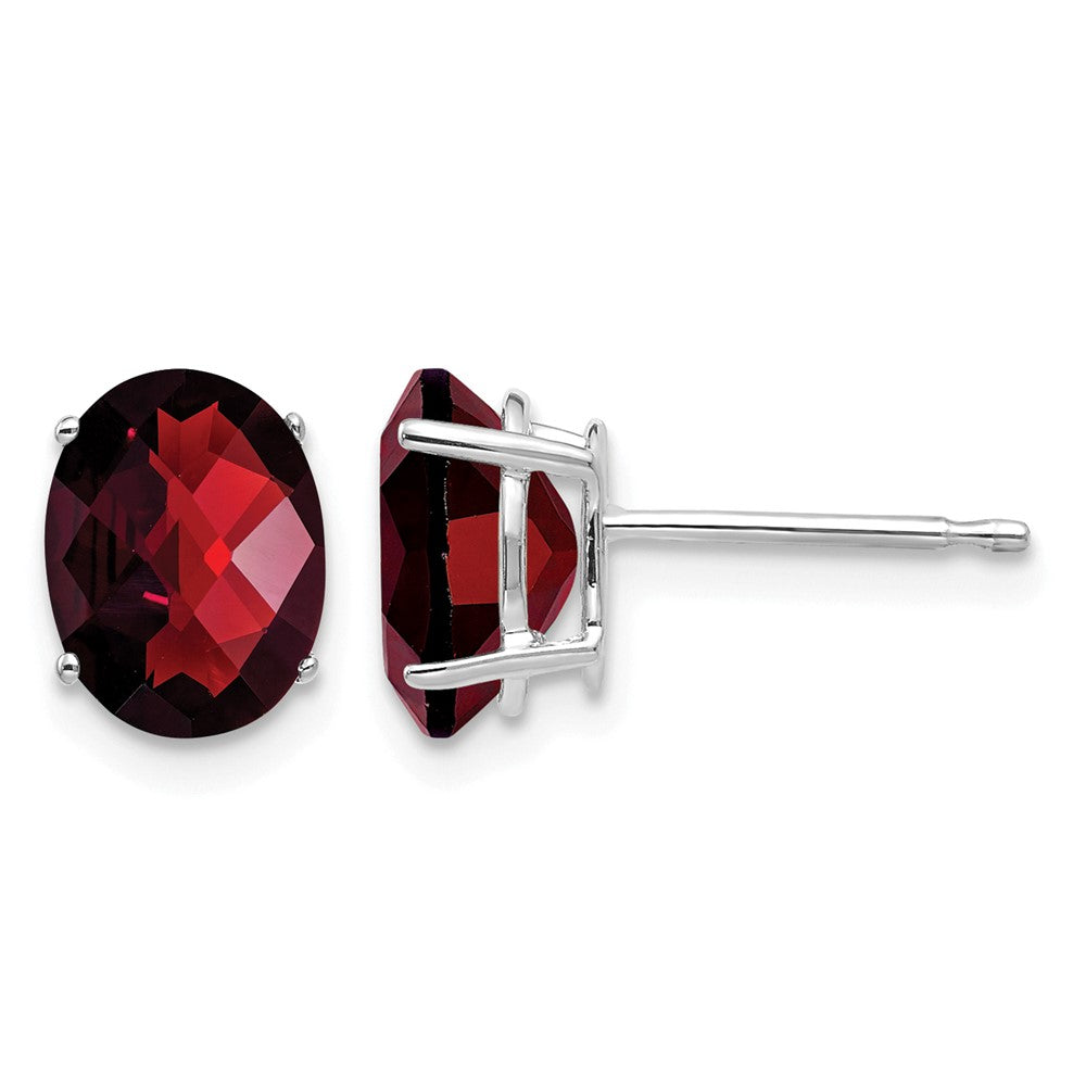 14k White Gold 8x Oval Checker-cut Garnet Post Earrings
