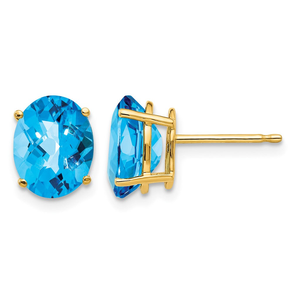 14k 9x Oval Checker-cut Blue Topaz Post Earrings
