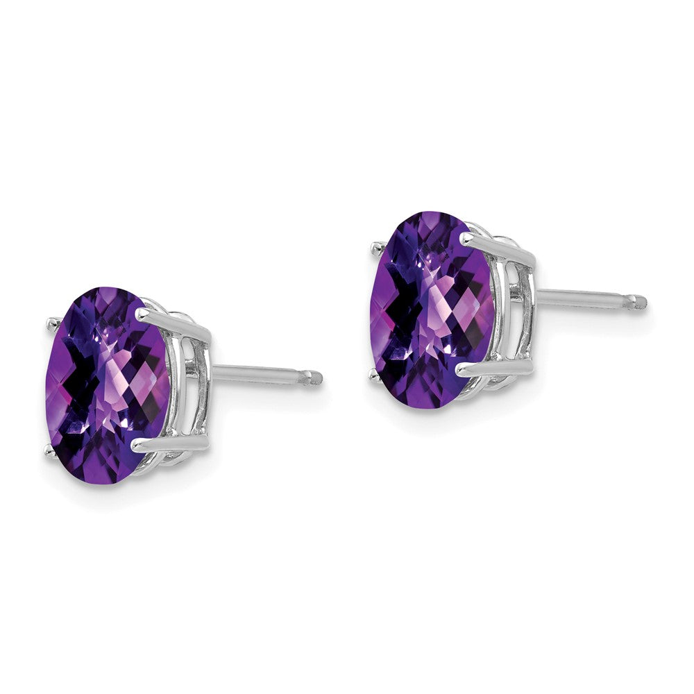 14k White Gold 9x Oval Checker-cut Amethyst Post Earrings