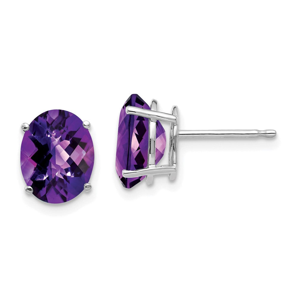14k White Gold 9x Oval Amethyst Checker Earrings
