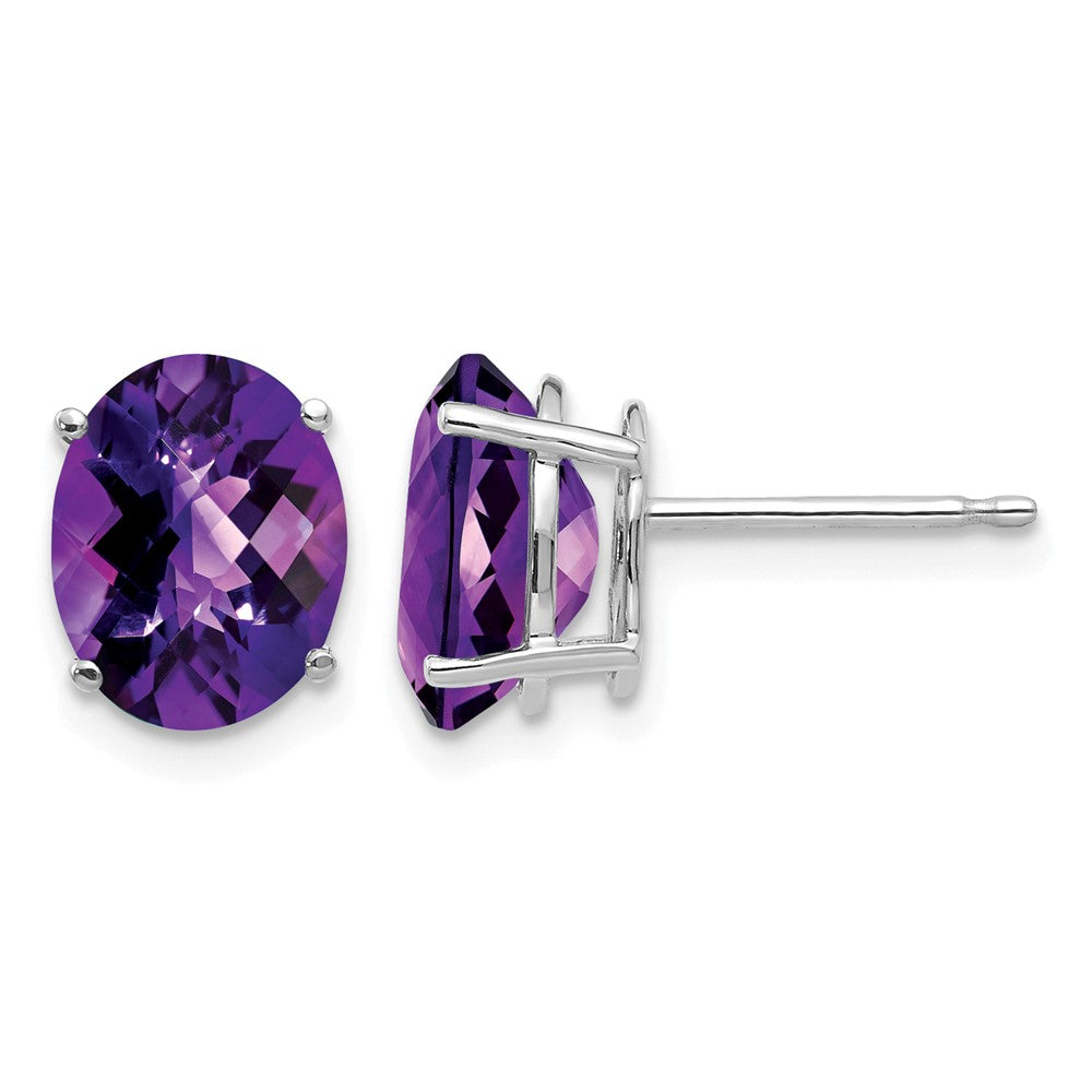 14k White Gold 9x Oval Checker-cut Amethyst Post Earrings