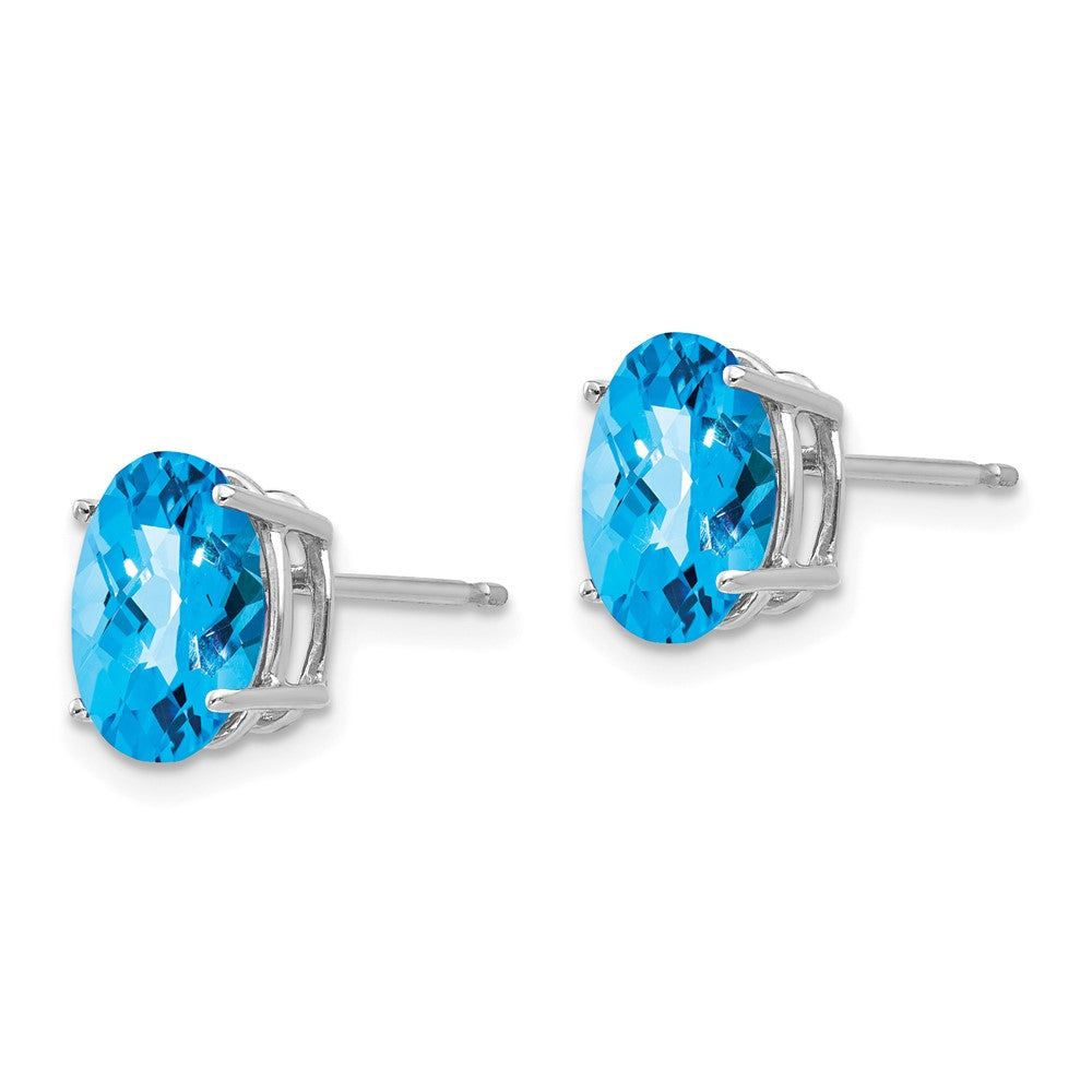 14k White Gold 9x Oval Checker-cut Blue Topaz Post Earrings