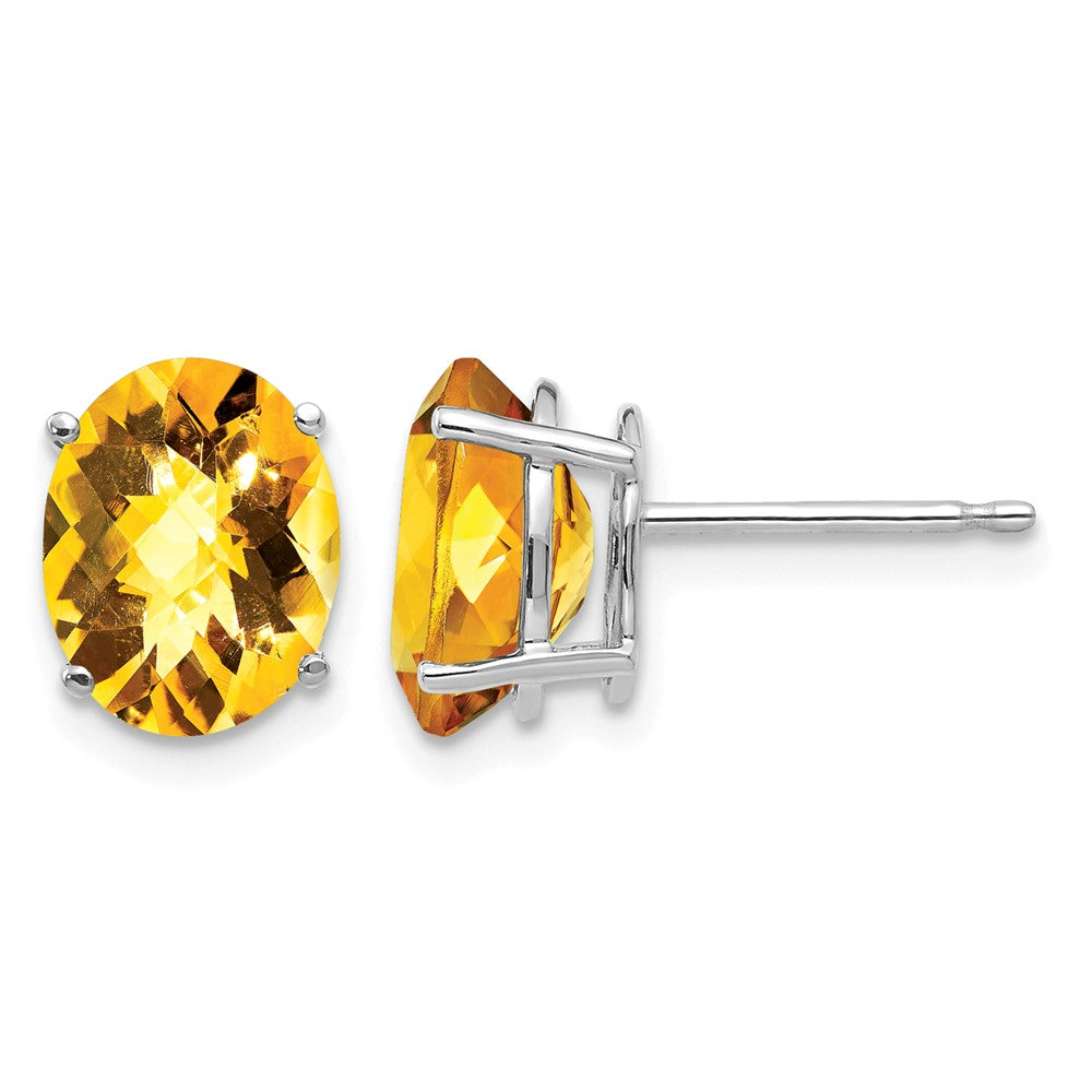 14k White Gold 9x Oval Checker-cut Citrine Post Earrings