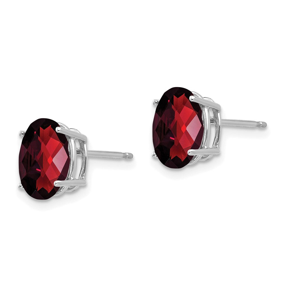 14k White Gold 9x Oval Checker-cut Garnet Post Earrings