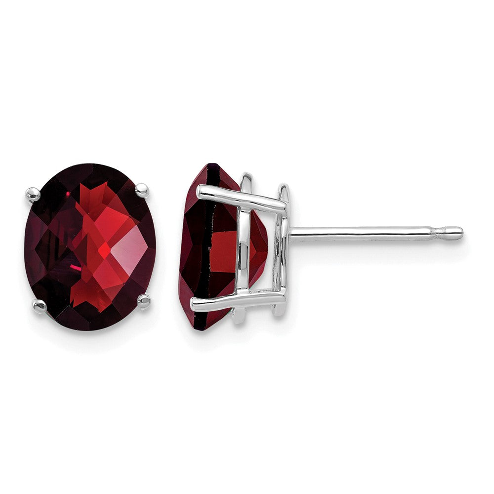 14k White Gold 9x Oval Checker-cut Garnet Post Earrings