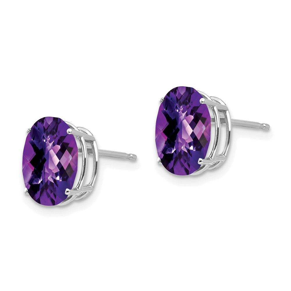 14k White Gold 10x Oval Amethyst Checker Earrings