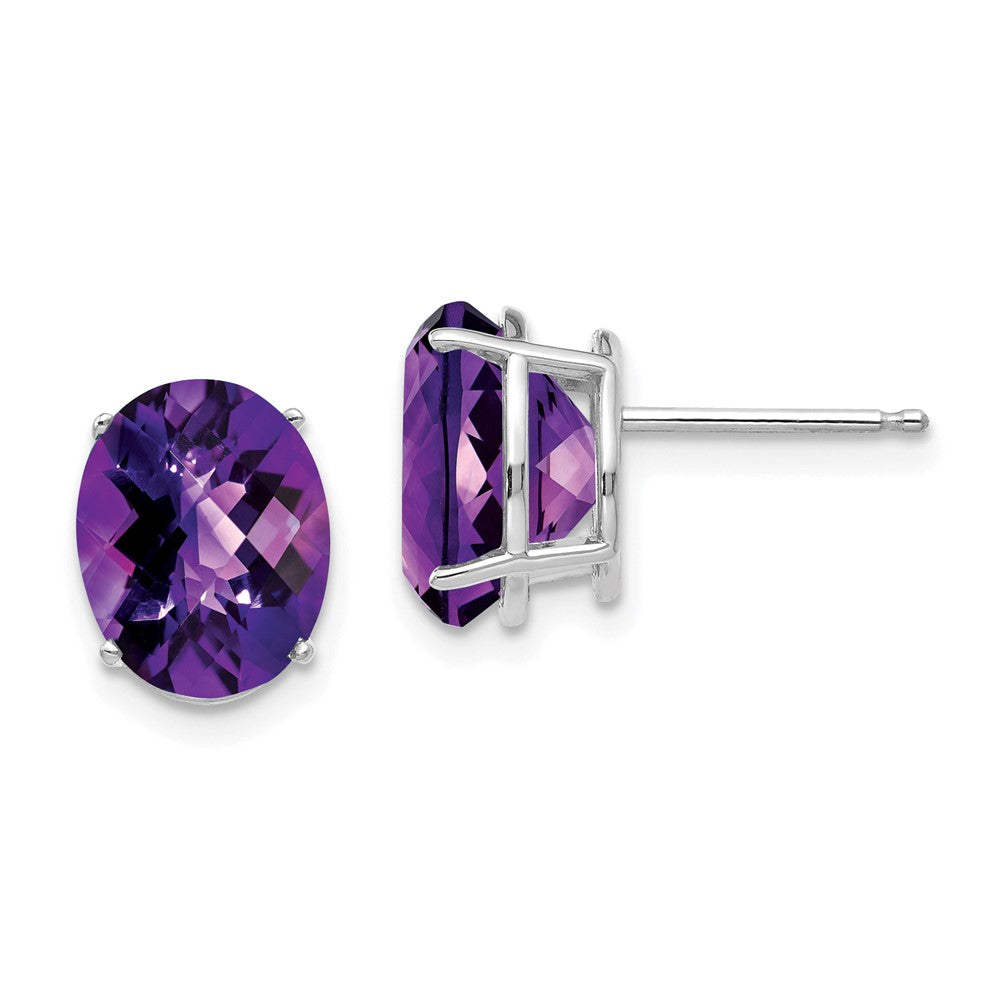 14k White Gold 10x Oval Amethyst Checker Earrings