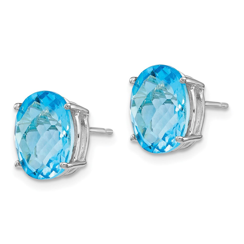 14k White Gold 10x Oval Blue Topaz Checker Earrings
