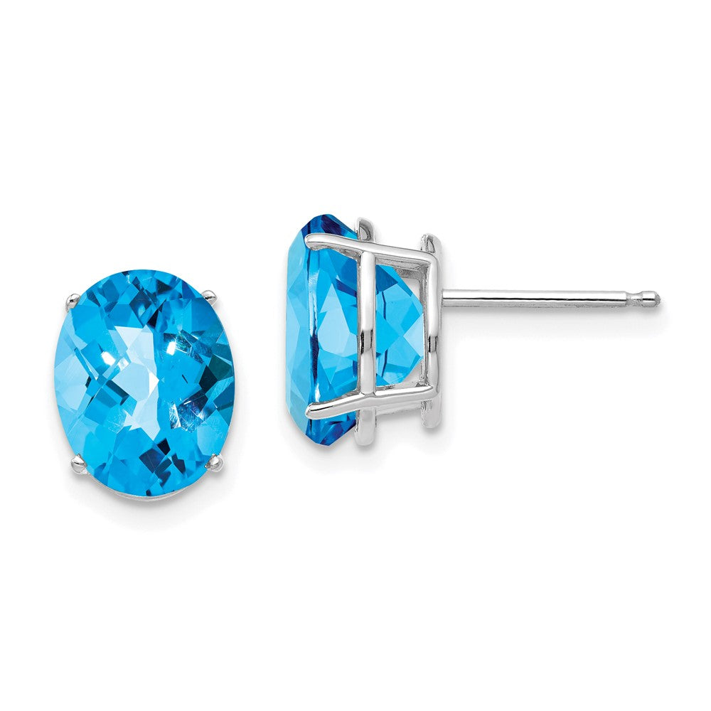 14k White Gold 10x Oval Blue Topaz Checker Earrings