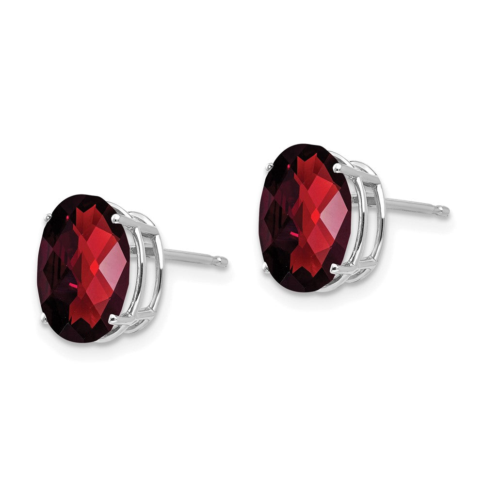 14k White Gold 10x Oval Checker-cut Garnet Post Earrings