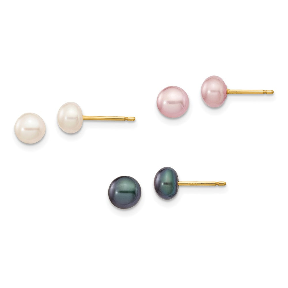 14k 5- Multicolor Button Freshwater Cultured Pearl Boxed 3 Pair Post Earrings Set