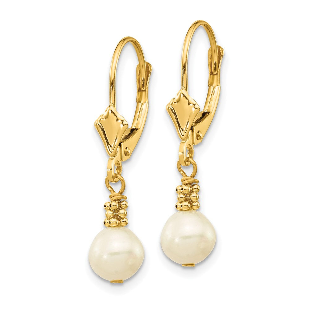 14k 5- White Semi-round Freshwater Cultured Pearl Dangle Leverback Earrings