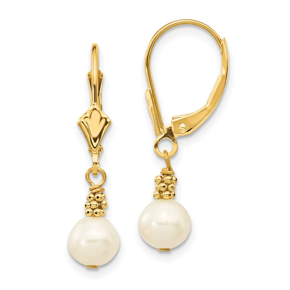 14k 5- White Semi-round Freshwater Cultured Pearl Dangle Leverback Earrings