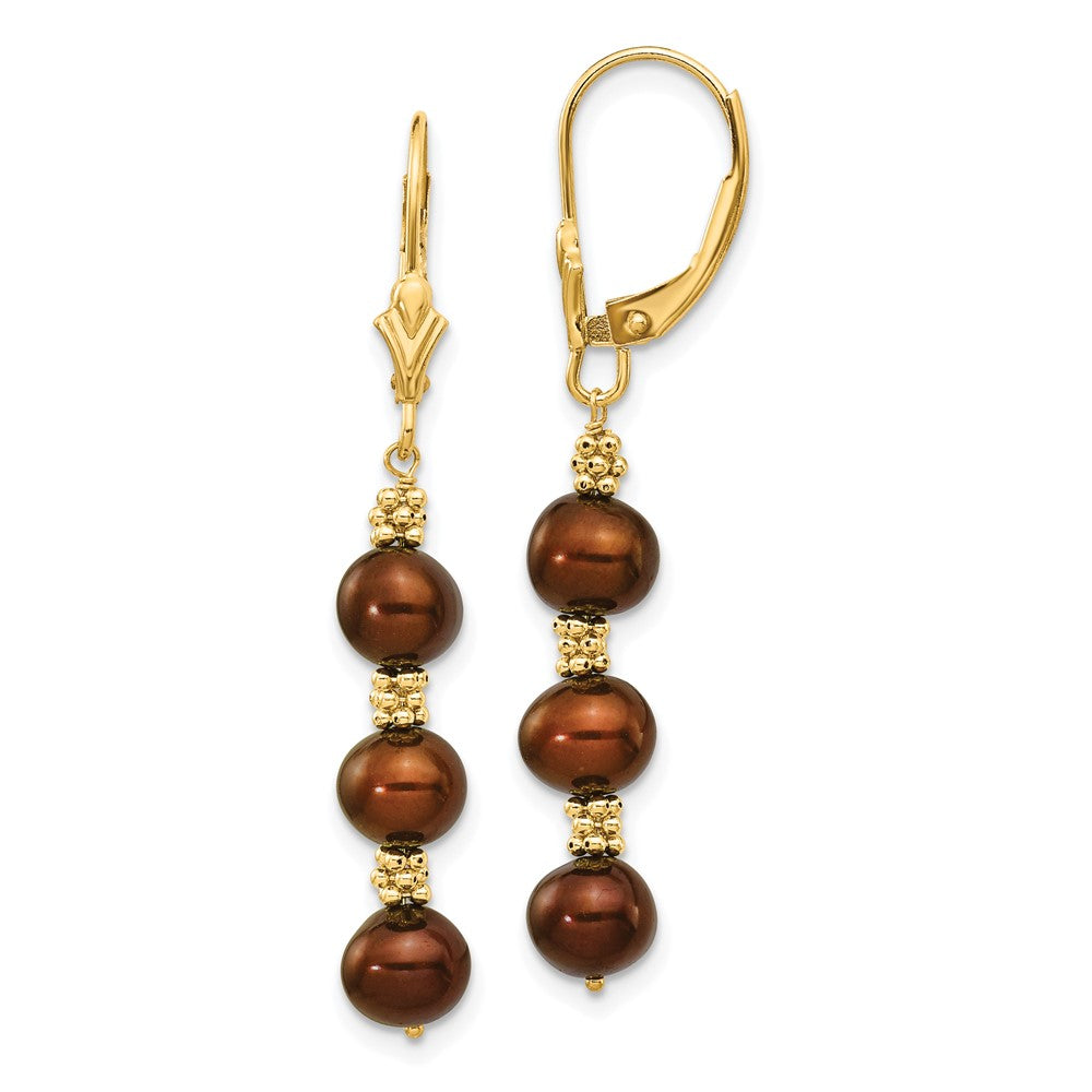 14k 5- Brown Semi-round Freshwater Cultured Pearl Dangle Leverback Earrings