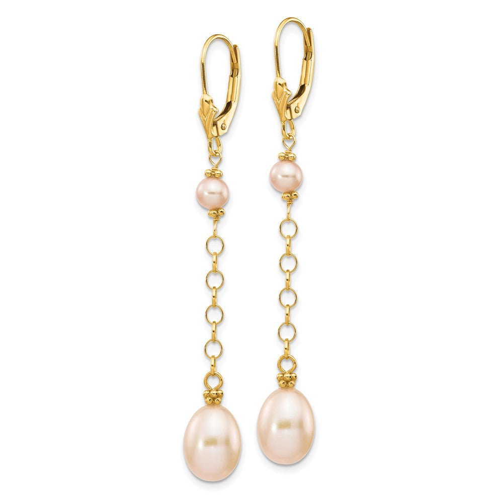14k 5- Pink Rice and Semi-Round Freshwater Cultured Pearl Dangle Leverback Earrings