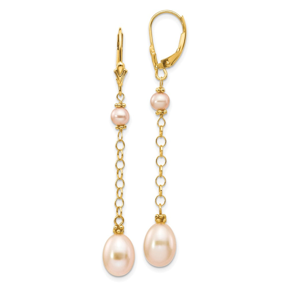 14k 5- Pink Rice and Semi-Round Freshwater Cultured Pearl Dangle Leverback Earrings