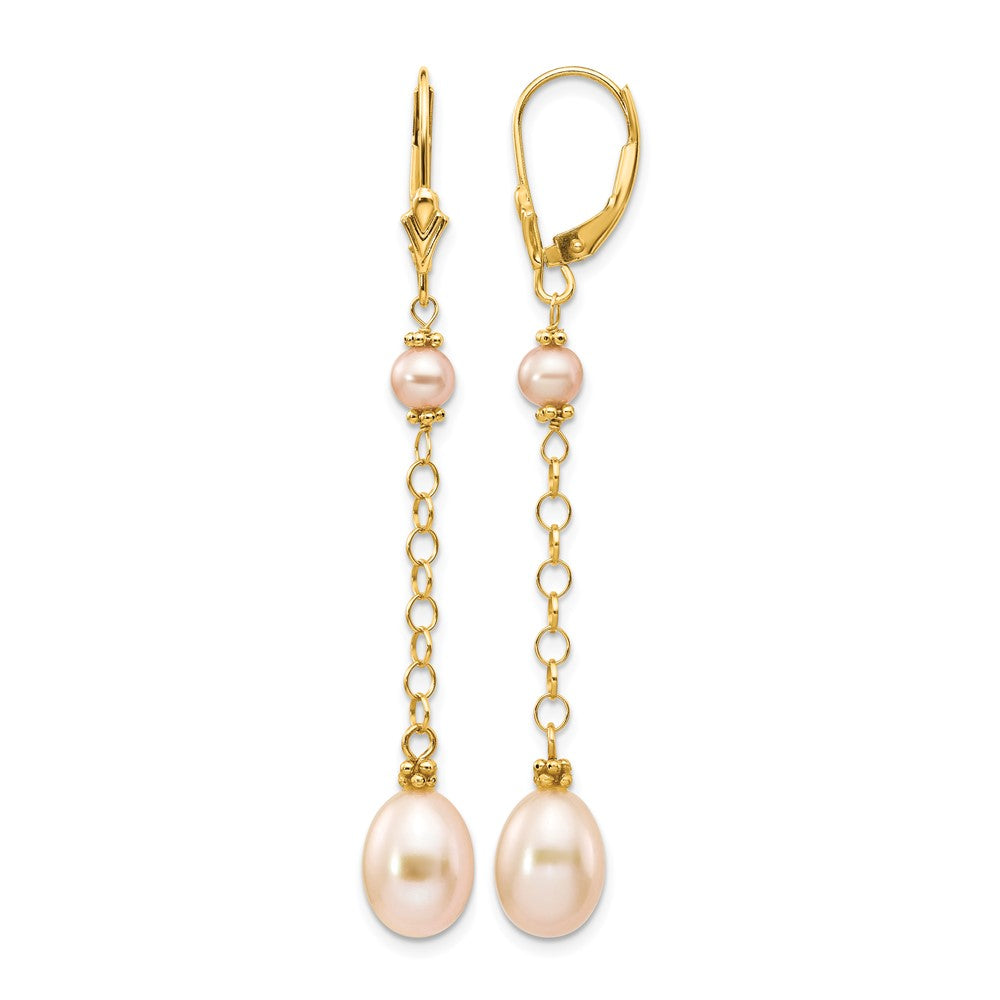 14k 5- Pink Rice and Semi-Round Freshwater Cultured Pearl Chain Dangle Leverback Earrings