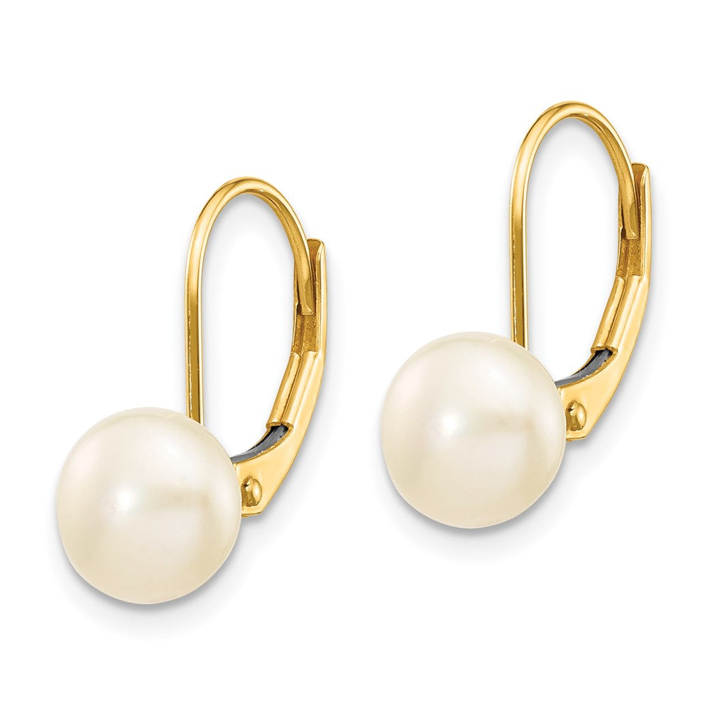 14K 7- White Button Freshwater Cultured Pearl Leverback Earrings