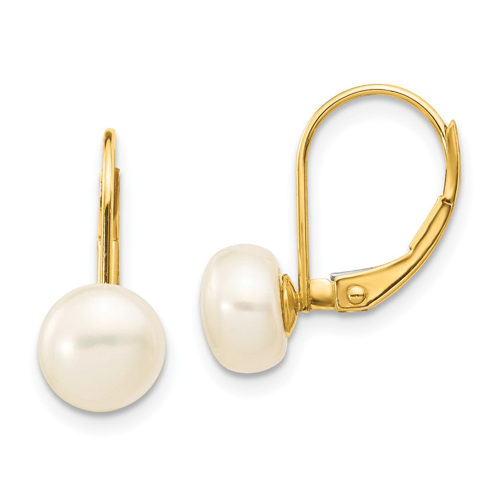 14K 7- White Button Freshwater Cultured Pearl Leverback Earrings
