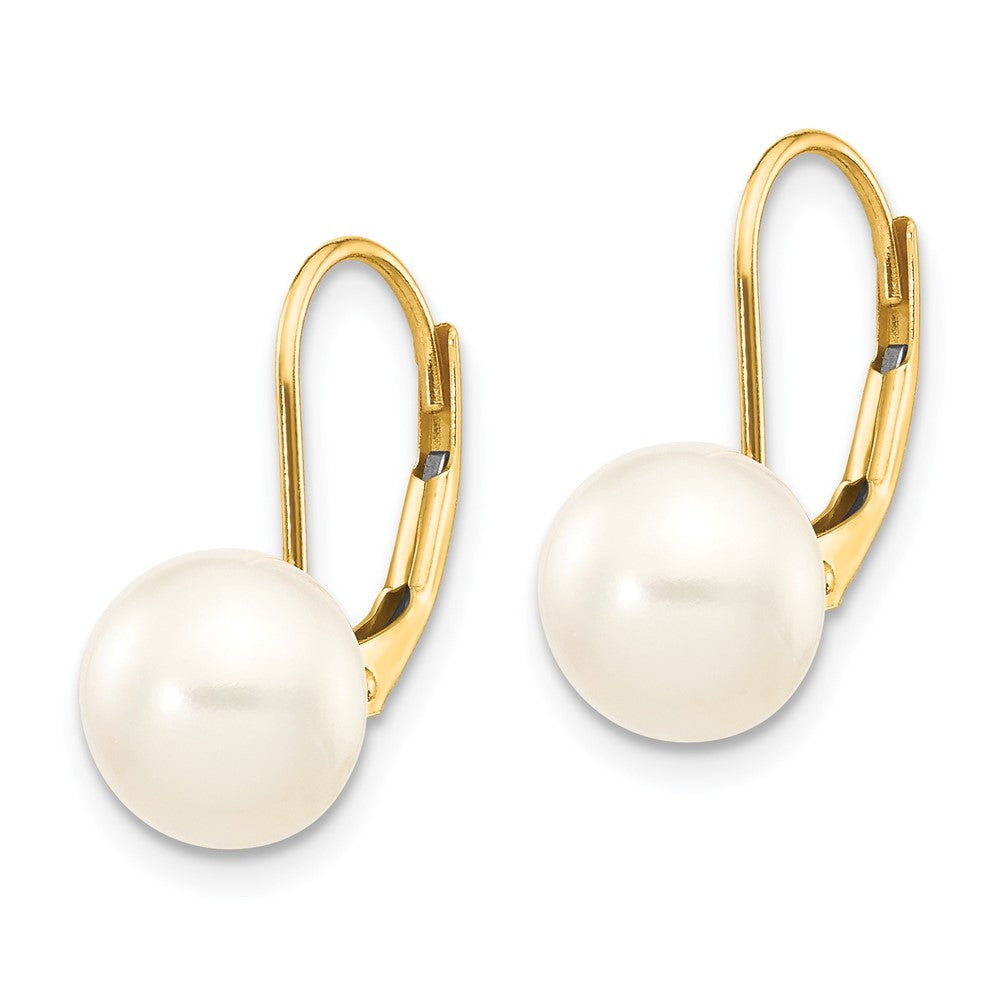 14K 8- White Button Freshwater Cultured Pearl Leverback Earrings
